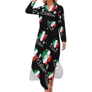 O'Talian Irish 4 Leaf Clover Italiaanse vlag dames maxi-jurk lange mouwen knopen overhemd jurk casual feest lange jurken S