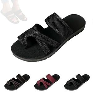 YOMACY Brahusd Ademende Mesh Slide Sandalen Voor Vrouwen, 2024 Hollow Mesh Slide Sandalen, Antislip Ademende Platte Loop Teen Schoenen Brede Voeten Boog Ondersteuning, Teen Loop Sandalen Voor Vrouwen,