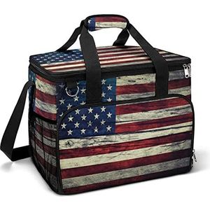 Vintage houten Amerikaanse Amerikaanse vlag grappige koeltas opvouwbare draagbare geïsoleerde zakken lunch draagtas met meerdere zakken voor strand, picknick, camping, werk