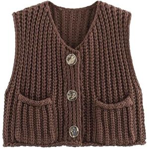 Womens Chunky Knit Crop Sweater Vest Casual,Crop Chunky Crochet Vest Tops Trendy Casual Sleeveless Knit Sweater Vest Cardigan (Large,Brown)