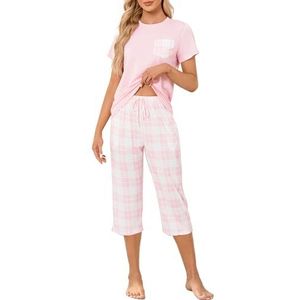 Reliwel Damespyjama met korte mouwen en geruite halflange broek, tweedelige pyjama, nachtkleding met zakken, maten S-XXL, roze, M