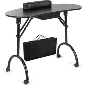 Draagbare en opvouwbare manicuretafel, nagelwerkstation met 4 vergrendelbare wielen, polssteun voor klanten, gratis draagtas voor thuis, op reis of in de schoonheidssalon.,Black a