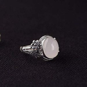 Ringen Sieraden S925 zilveren ring Retro vrouwelijke mode zilveren bloem set met bolvormig oppervlak Nefriet verstelbare splitring Thaise zilveren ring, ring
