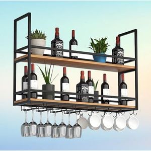 Hangend wijnglazen rek - plafond wijnplank, 2-laags metalen beugel opberghouder, restaurantbar displayplanken, industriële vintage bloemenstandaard, kan 70 kg zwevende plank dragen (maat: 100 x 30 x