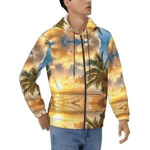 EdWal Zonsondergang Hawaiiaanse palmboom print casual hoodies voor mannen, sweatshirt met volledige rits met zakken, lange mouwen trekkoord hoodies, Zwart, M