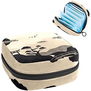 Periode Pouch Draagbare Tampon Opbergtas,Tampon Houder voor Portemonnee Vrouwelijke Product Organizer,Chinese Wolken Landschap Illustratie, Meerkleurig, 4.7x6.6x6.6 in/12x17x17 cm