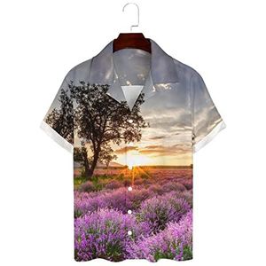 Uitgestrekt lavendelveld bij zonsopgang Hawaiiaanse shirts voor heren met korte mouwen, Guayabera-shirt, casual strandshirt, zomershirts, XL