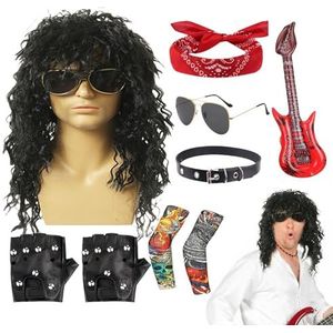 Rockerkostuum uit de jaren 80, Rockerkostuum Heren | Rocker Heavy Metal-kostuum voor heren, Heren Rocker Heavy Metal Kostuum 70s 80s Rocker Pruiken Mannen Kostuumset voor Dagelijks Dragen