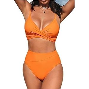Bikiniset for dames, 2-delige badmode, kruis, gerimpeld, V-hals, hoge taille, push-up bikini, strandvakantie, damesbadpak(Orange,XXL)