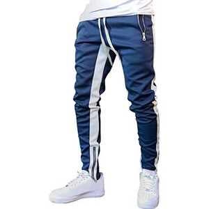 Frestepvie Joggingbroek voor heren, sweatbroek met zijdelingse zakken met ritssluiting, trainingsbroek, katoen, fitnessbroek, gestreepte hardloopbroek, sportbroek, vrijetijdsbroek, blauw-wit, L