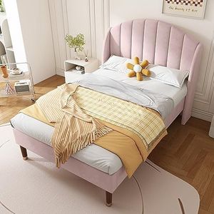 Mielvu Gestoffeerd bed 90 x 200 met lattenbodem en hoofdeinde, tienerbed, eenpersoonsbed, houten lattenondersteuning, eenvoudige montage, fluweel, roze