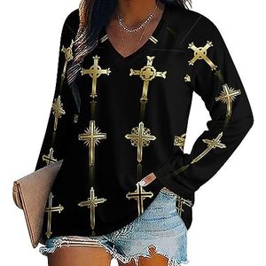 Eligious Cross Design Collectie Dames Casual Lange Mouw T-shirts V-hals Gedrukt Grafische Blouses Tee Tops M