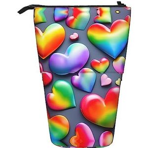 Nbtghga Regenboog-Gekleurde Liefde Harten Print Potlood Telescopische Klassieke Kunsten Stand Up Potlood Case Organizer Potlood Houder Make-up Tas Gift, Zwart, Eén maat