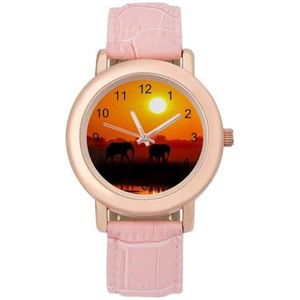 Afrikaanse olifanten bij zonsondergang klassieke horloges voor vrouwen gemakkelijk te lezen mode grappig grafisch horloge cadeau voor werk workout