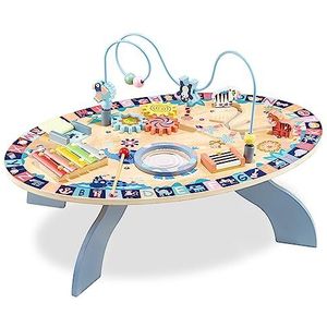 Mamabrum houten educatieve tafel voor kinderen vanaf 6 maanden, interactieve tafel: bekkens, trommel, labyrint, dieren, bewegende tandwielen, bewegende deur, speelgoed voor kleine kinderen