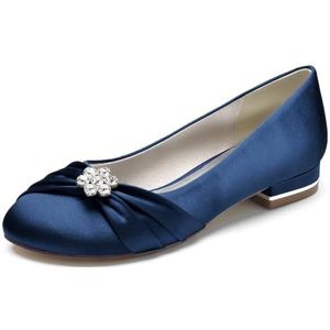 Trouwjurk Schoenen voor Vrouwen Ronde Neus Bruids Flats Satijn Ballet Flats Slip On Avond Prom Party Pumps,Marine,36 EU