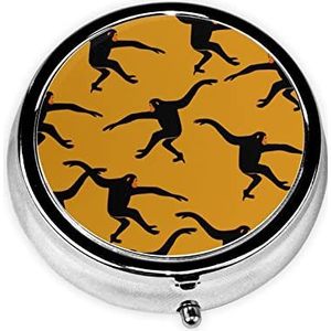 LAMAME Zwarte Gibbon Aap Gedrukt Mini Pillendoos Ronde Pillendoos Draagbare Opbergdoos