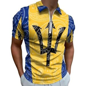 Paisley En Barbados Vlag Half Zip-up Polo Shirts Voor Mannen Slim Fit Korte Mouw T-shirt Sneldrogende Golf Tops Tees 3XL