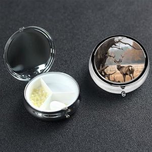 Pillendoosje 3 compartimenten bruin hert in de buurt van verdorde boom pillendoosje voor portemonnee of zak ronde pillenorganizer reizen pillendoos draagbare pillencontainer medicijn vitamine