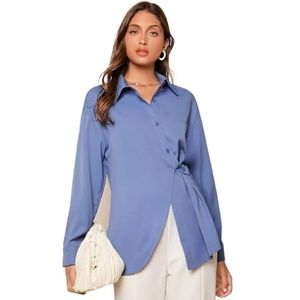dames topjes Effen overhemd met knoop aan de voorkant, knoop aan de zijkant en wikkelzoom (Color : Blue, Size : X-Small)