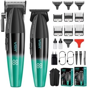 VGR Professionele Tondeuse en Trimmer Set voor Mannen, Barber Tondeuse Set, 9000RPM Zero Gap T Blade Trimmer, Draadloze Knipset met 9 Opzetkammen, DLC Mes, LED Display
