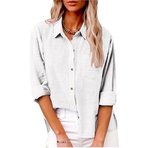 Dames katoenen linnen button-down overhemd 2024 lente casual effen kleur shirts met lange mouwen losse werktops met zakken(Color:White,Size:M)