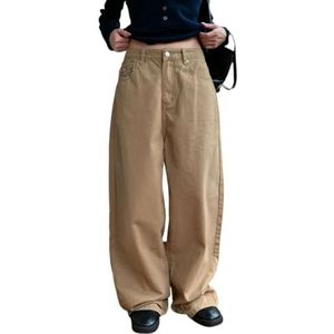 QUYBSGWJ Dames Spijkerbroek Met Klinknagelversierde Zakken, Hoge Taille, Y2K Vintage, Trendy, Wijde Pijpen, Losse Broek,Khaki,M