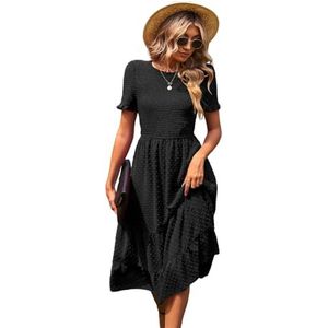 LXZSJEUEO Midi-jurk met ronde hals en bloemenprint voor dames, korte mouwen, linnen hemdjurk, middels Boheemse zigeunervakantie, Zwart, XL