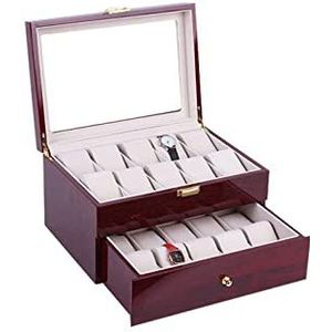 Horloge Opbergbox, Horloge Sieraden Collectie, Dames Heren Klassiek Houten 20 Grids 2-Layer Metalen Gesp Grote Horloge Box Organizer Kijkdoos(Color:Burgundy)