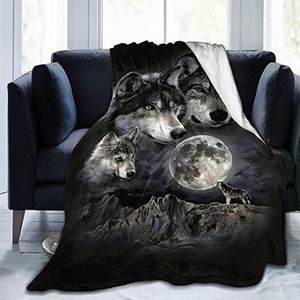 ZZXHG Zwarte dierenwolf, dubbele flanellen deken, dik 150 x 200 cm, gewogen dekens voor volwassenen, kinderen, huisdieren, zachte pluizige deken voor slaapbank, warme bankfleece dekens