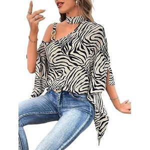 dames topjes Zebra gestreepte blouse met asymmetrische hals en vleermuismouwen (Color : Multicolore, Size : L)