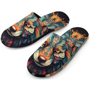 Psychedelische wolfskop pantoffels met volledige print, warme anti-slip rubberen zool voor binnen hotel 38-39 _ (7-8)