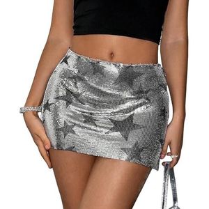 KWISUAWHGA Dames Glitterpailletten Minirokken Glanzende Bodycon Lage Taille Feestavond Glinster Zomer Heup Wikkel Ster Y2K Rokken,Zilver,L