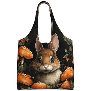 VducK Rode bloemmotief Canvas Tote Bags Voor Vrouwen Herbruikbare Boodschappenwinkel Doek Zakken Lichtgewicht Schouder Canvas Tas, Konijn Met Champignons, Eén maat