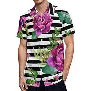 Roze bloemen - zwart-witte strepen heren Hawaiiaanse shirts korte mouw casual shirt button down vakantie strand shirts L