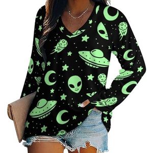 Green Aliens UFO Dames Lange Mouw V-hals T-shirts Herfst Tops Trui Tuniek Tee voor Leggings