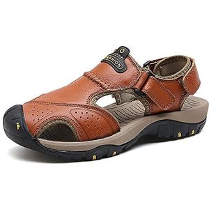 Heren echt leer gesloten teen sandalen, casual handgemaakte wandelsandalen, mode holle backpacken strandschoenen, Bruin, 40 EU