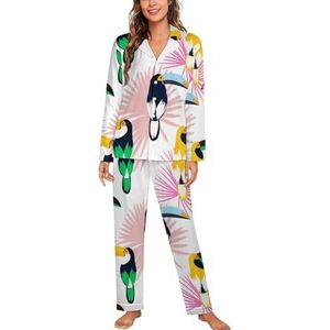Tropic Roze Plant Bladeren En Toekan Vogel Lange Mouw Pyjama Sets Voor Vrouwen Klassieke Nachtkleding Nachtkleding Zachte Pjs Lounge Sets