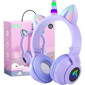 OHAANYY Kattenoor-hoofdtelefoon, kinderverjaardag, cadeaus, kinderen, led-kattenoren, eenhoorn, bluetooth, draadloze over-ear stereo-microfoon met ledlicht, voor mobiele telefoon, tablet, pc (paars)