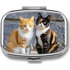 Pillendoosje 2 compartimenten pillendoosje voor portemonnee of pochet pillenorganizer katten samen zitten pillendoos draagbare pillencontainer medicijn vitamine organizer