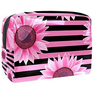 Waterdichte cosmetische tassen, zonnebloem wit en roze streep patroon reizen cosmetische tassen, multifunctionele draagbare make-up tassen, reizen cosmetische tas organizer voor vrouwen, Multi kleuren