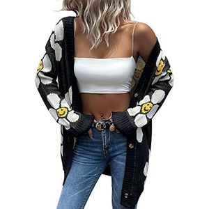 Mode Vrouwen Bloemen Lange Mouw Trui Vest Lange Stijl Losse Bovenkleding, Black, S