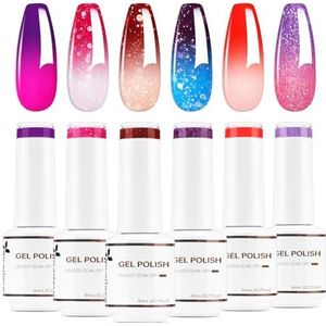 Nicedeco Temperatuur Verandering Gellak Set Semi Permanent Nail Gel 6 x 8ML Color Changing Nail Polish Set UV/LED Soak Off Gellak Nail Art Salon Manicure Gift