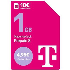Deutsche Telekom MagentaMobil Prepaid S met 1 GB high-speed volume I Surfen met 5G/ LTE Max & Flat op het mobiele netwerk (min., SMS) + 50 vrije minuten in alle andere netwerken I 10 EUR starttegoed