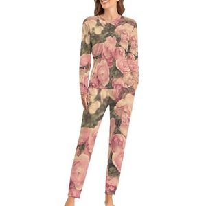 Vintage roos bloem kunstwerk zachte dames pyjama lange mouw warm fit pyjama loungewear sets met zakken XL