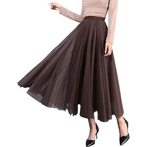 Vrouwen Tule Rok Zachte Tule Petticoat A-lijn Elegante Lange Tutu Hoge Elastische Taille Midi Rok Grote Hem Pleaskirt Uniform Rok One Size Color Selecteerbaar Bruin