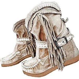 Korte Laarzen, Casual Laarzen Met Franjes, Dames, Ronde Neus, Lage Hak, Western Cowboylaarzen, Ridder Rijlaarzen,Khaki,39 Ik,Uptodate