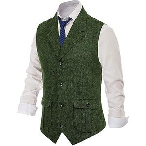 Heren Kostuumvest Wollen Visgraatvest Slim Fit Vest Dagelijks Zakelijk Formeel EN8 XL