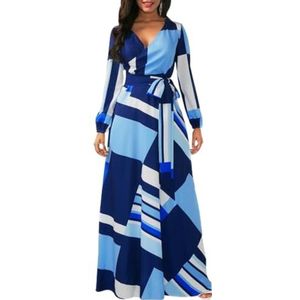 Elegante Damesjurk Met Lange Mouwen En Print Sexy Diepe V-hals Hoge Taille Vloeiende Grote Schommel Zomer Casual Feestjurk (Color : Blue, Size : XXL)