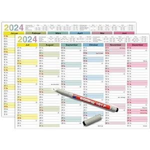 TOBJA 2024 A4 schoolkalender - kleurrijke jaarplanner, afwisbaar en oplosbaar in water, incl. pen. Kalender 2024 wandkalender (afwisbaar + 1 stift)